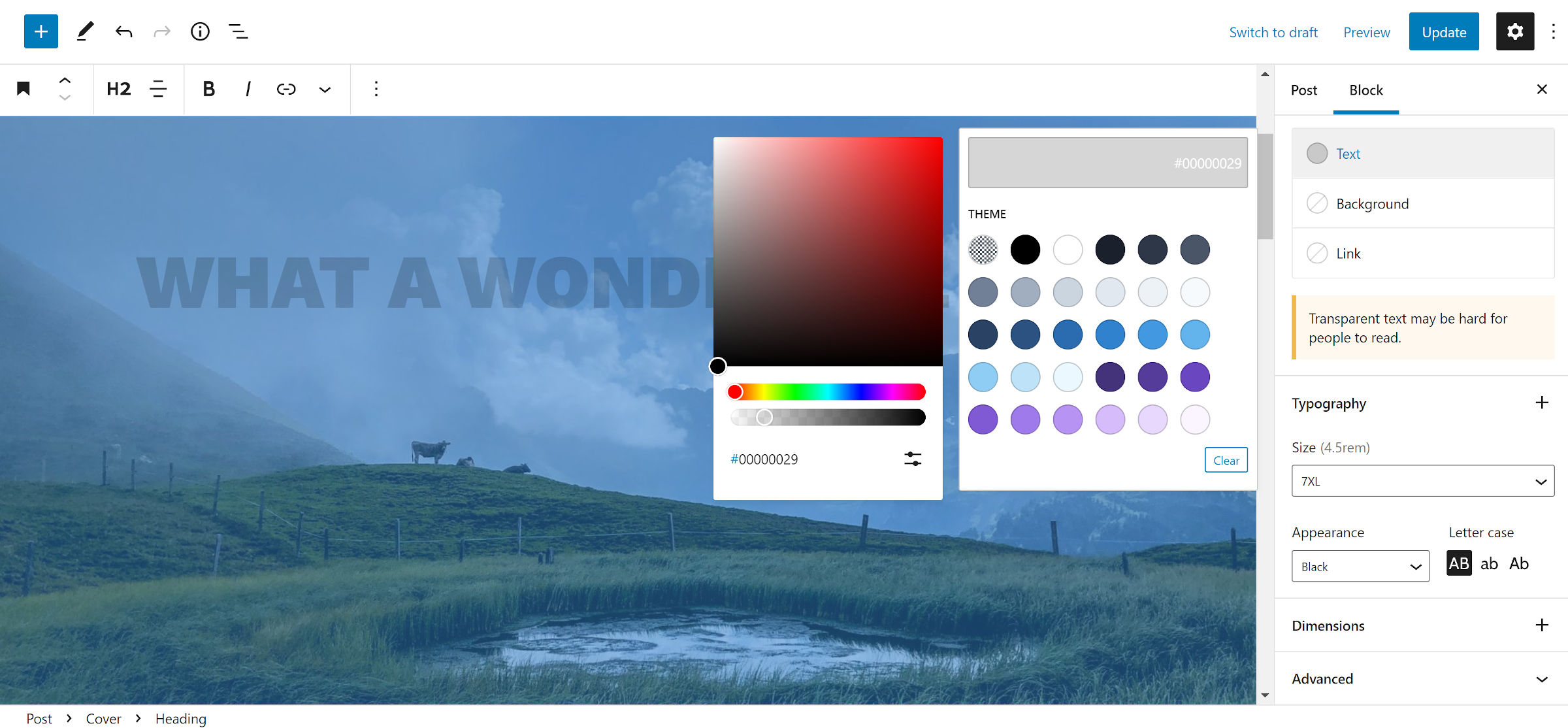 Un blocco di intestazione si trova sopra un blocco di copertina nell'editor dei post di WordPress. Il selettore colore è aperto e mostra un dispositivo di scorrimento della trasparenza alfa.
