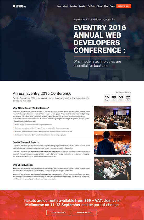 Eventry konferans olay açılış sayfası wordpress teması.