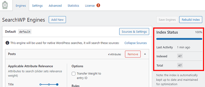 搜索WP索引状态 - WPBeginner SearchWP index status