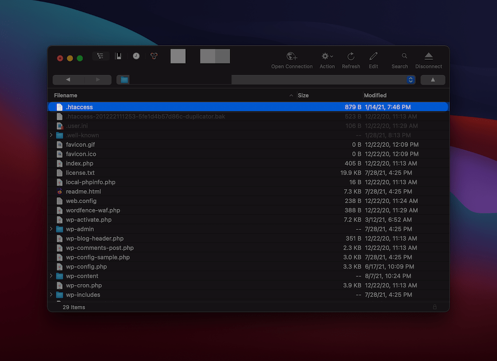 El archivo .htaccess dentro de Cyberduck.