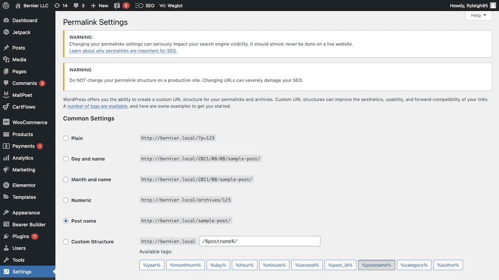 La página de enlaces permanentes de WordPress.
