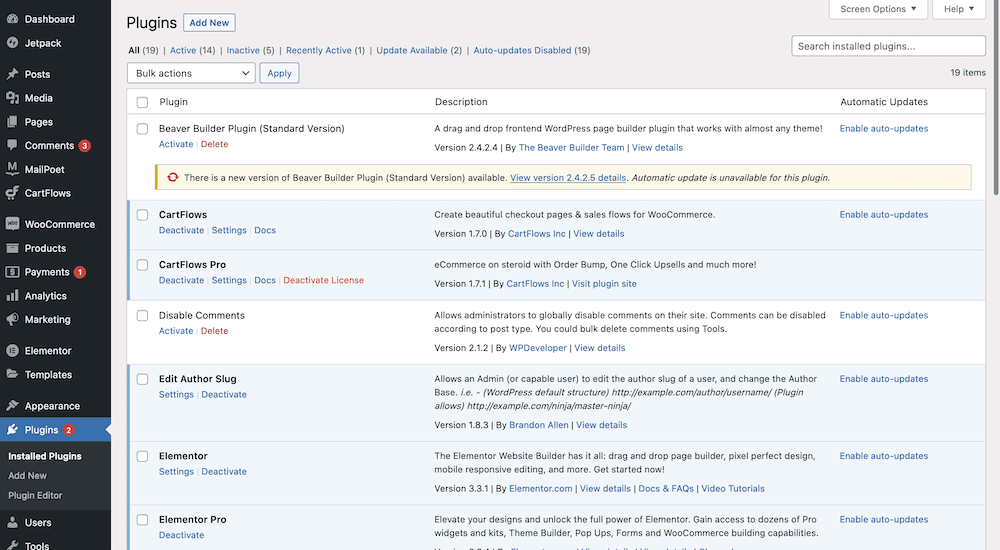La página de Complementos dentro de WordPress.