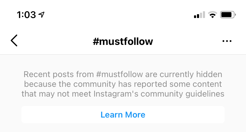 Instagram에서 #mustfollow 해시태그에 대한 해시태그 메시지 금지