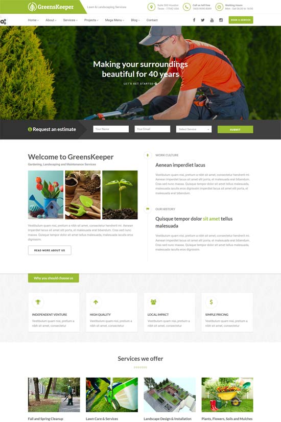 greenskeeper البستنة المناظر الطبيعية قالب html5