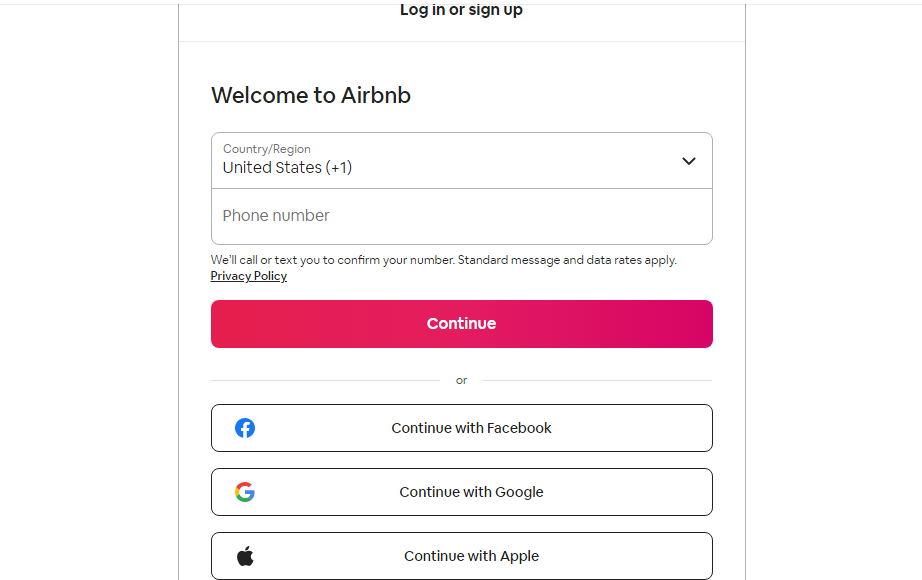 Pagina de conectare Airbnb
