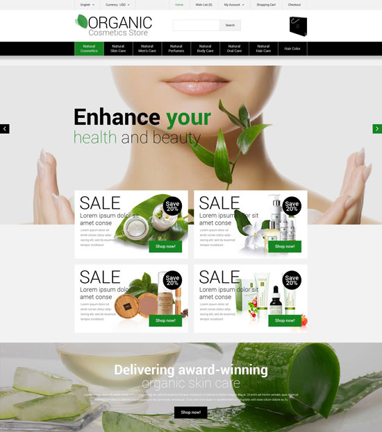 Tema OpenCart para loja de cosméticos orgânicos