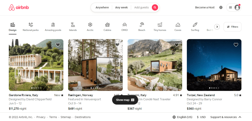 Página de destino do Airbnb para turistas