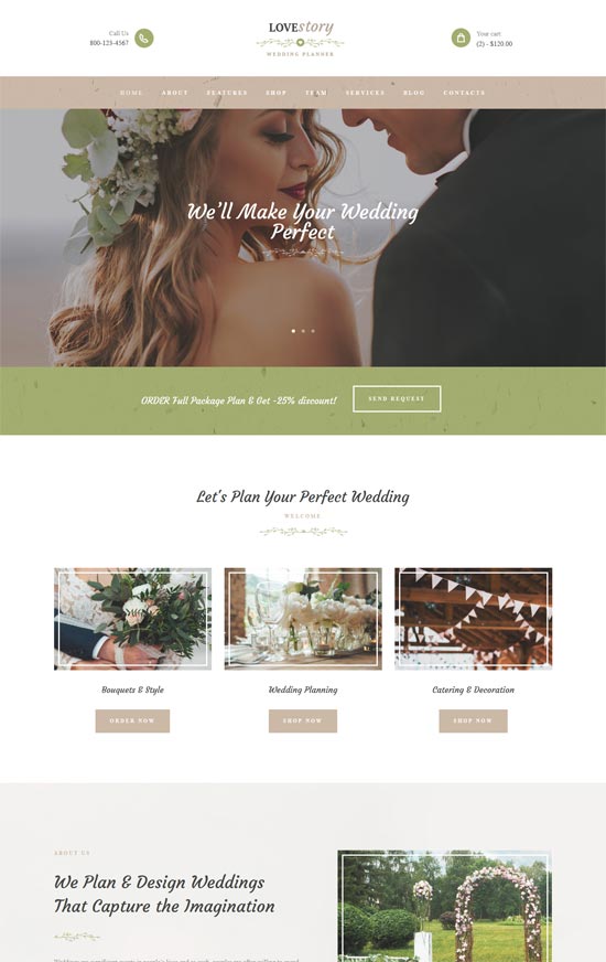 Website-Vorlage für den Hochzeitsplaner der Liebesgeschichte