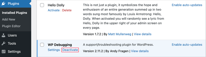 errorlogsplugindeactivate - WPBeginner Deactivate the WP Debugging Plugin