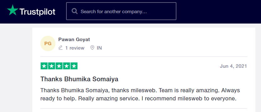 MilesWeb Trustpilot บทวิจารณ์