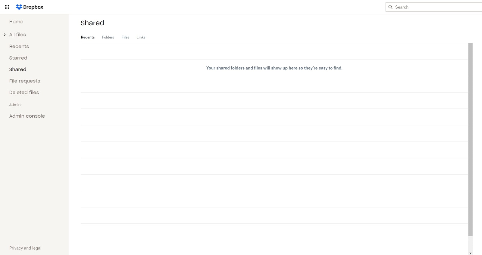 Interface de usuário do Dropbox em uso