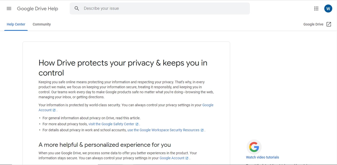 Página da web do Google Drive discutindo seus recursos de segurança