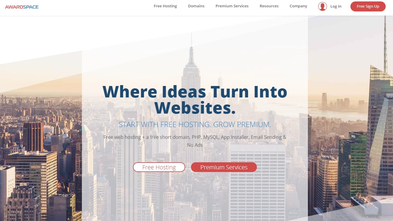 Page d'accueil de AwardSpace