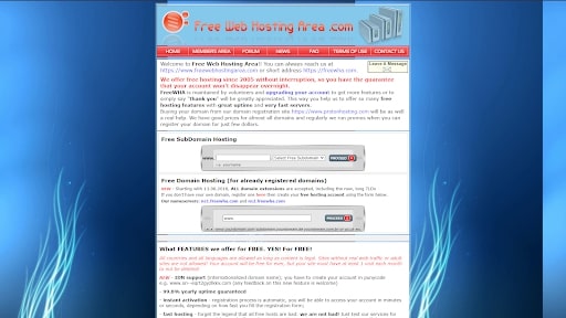 Page d'accueil de FreeWebHostingArea