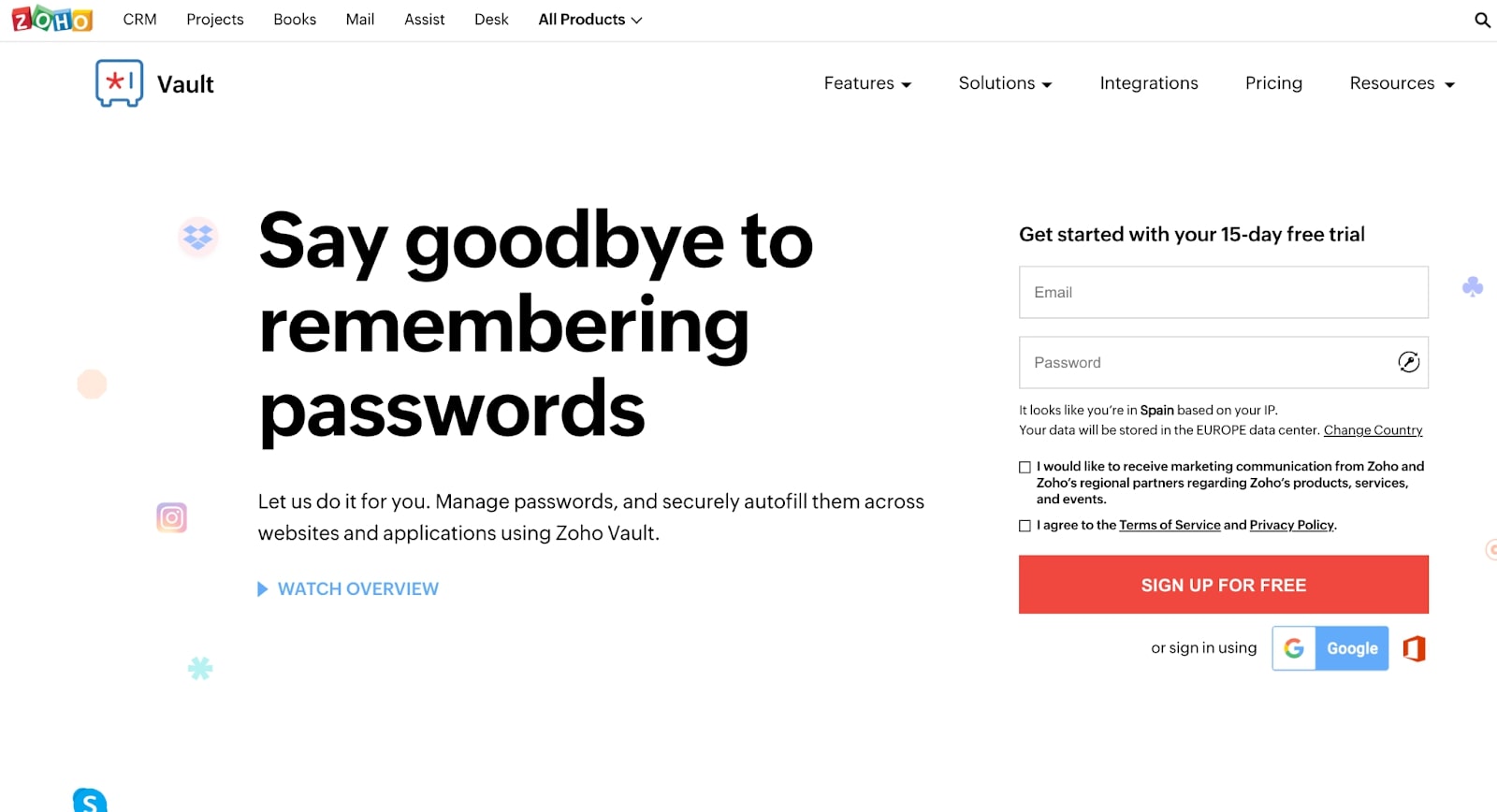 ビジネスに最適なパスワードマネージャー-ZohoVaultのホームページ