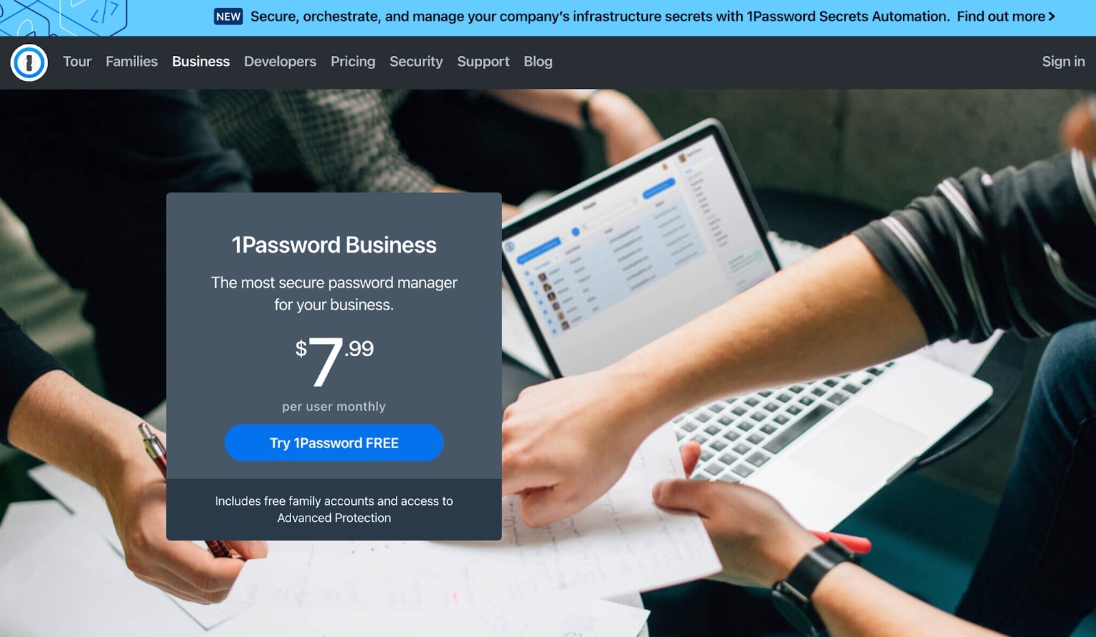 ビジネスに最適なパスワードマネージャー-1Passwordのビジネスプラットフォームのウェブページ