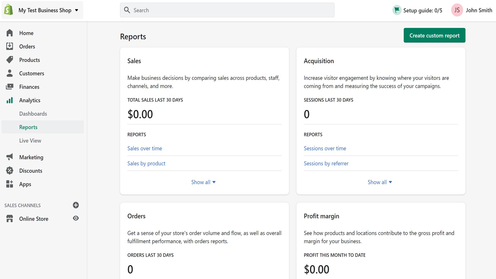 Pulpit analityczny Shopify pokazujący 30-dniową sprzedaż i sesje