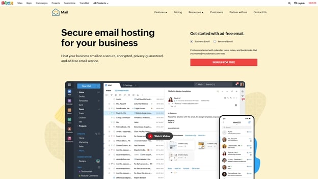 الصفحة الرئيسية لـ Zoho Mail