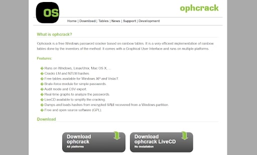 เครื่องมือกู้คืนรหัสผ่าน - หน้าแรกของ Ophcrack