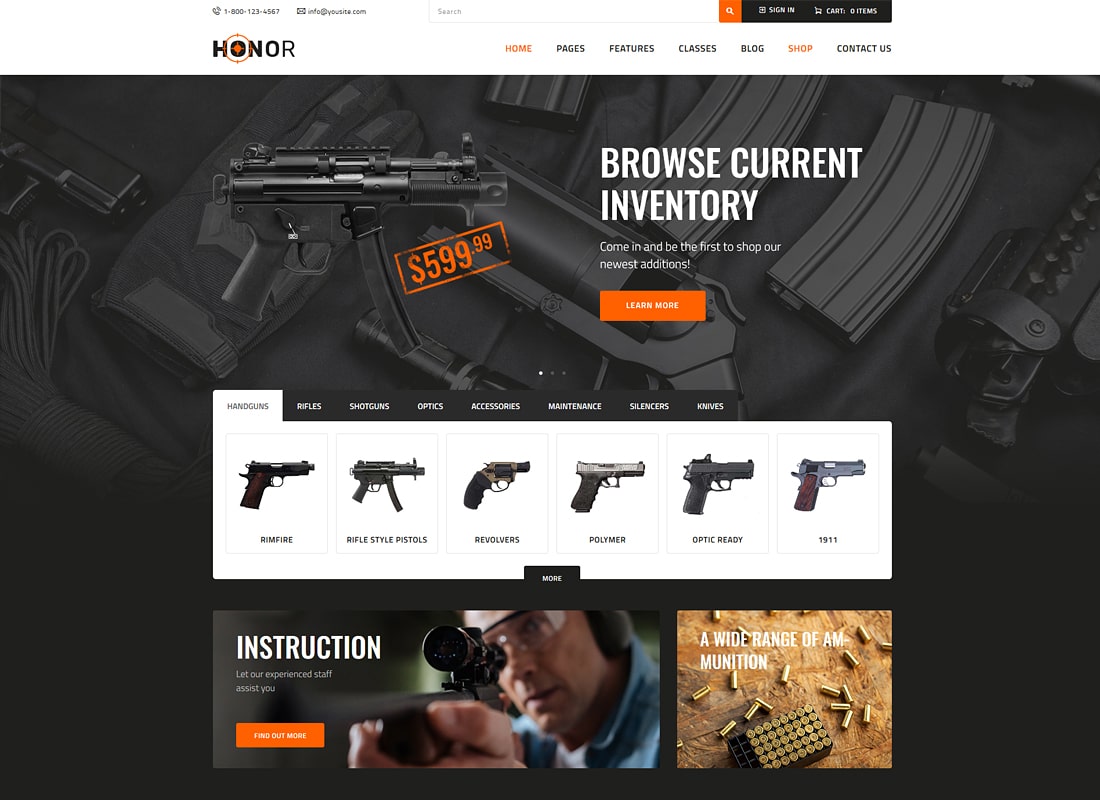荣誉资质 |射击俱乐部和武器商店 WordPress 主题