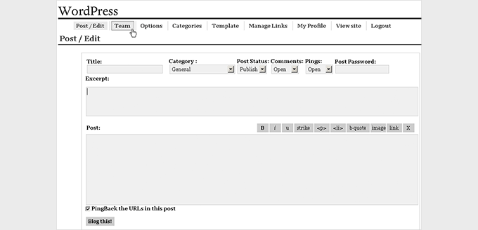 การเปิดตัว WordPress ครั้งแรก Post editor in the first release of WordPress