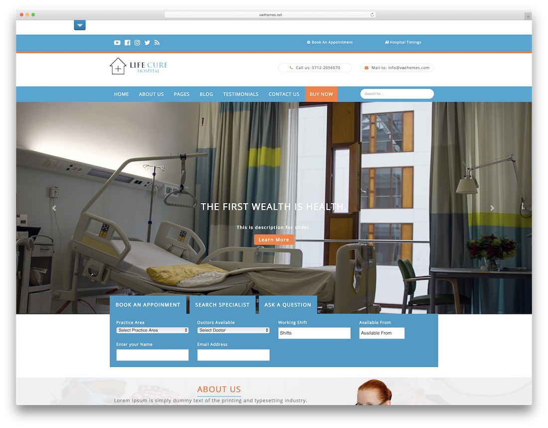 vw hastane lite ücretsiz tıbbi wordpress teması