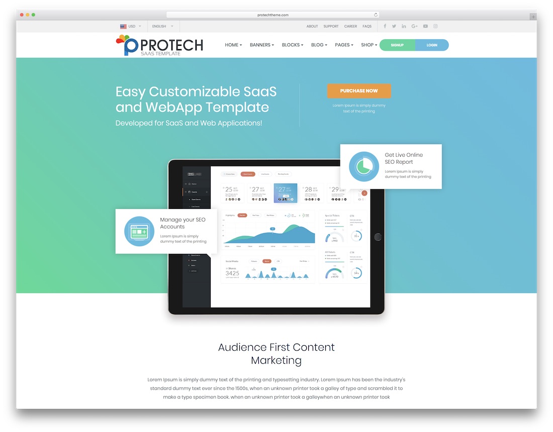 เทมเพลตเว็บไซต์เทคโนโลยี protech saas