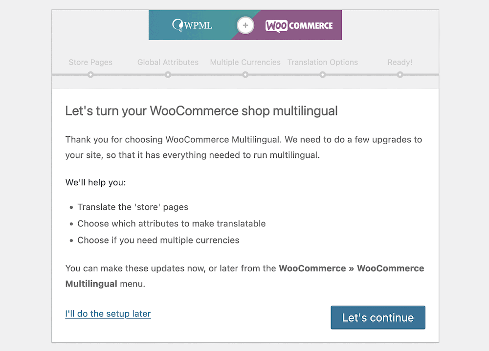 WooCommerce Çok Dilli kurulum sihirbazı.