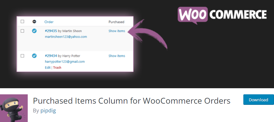 WooCommerce Siparişleri için Satın Alınan Öğeler Sütunu