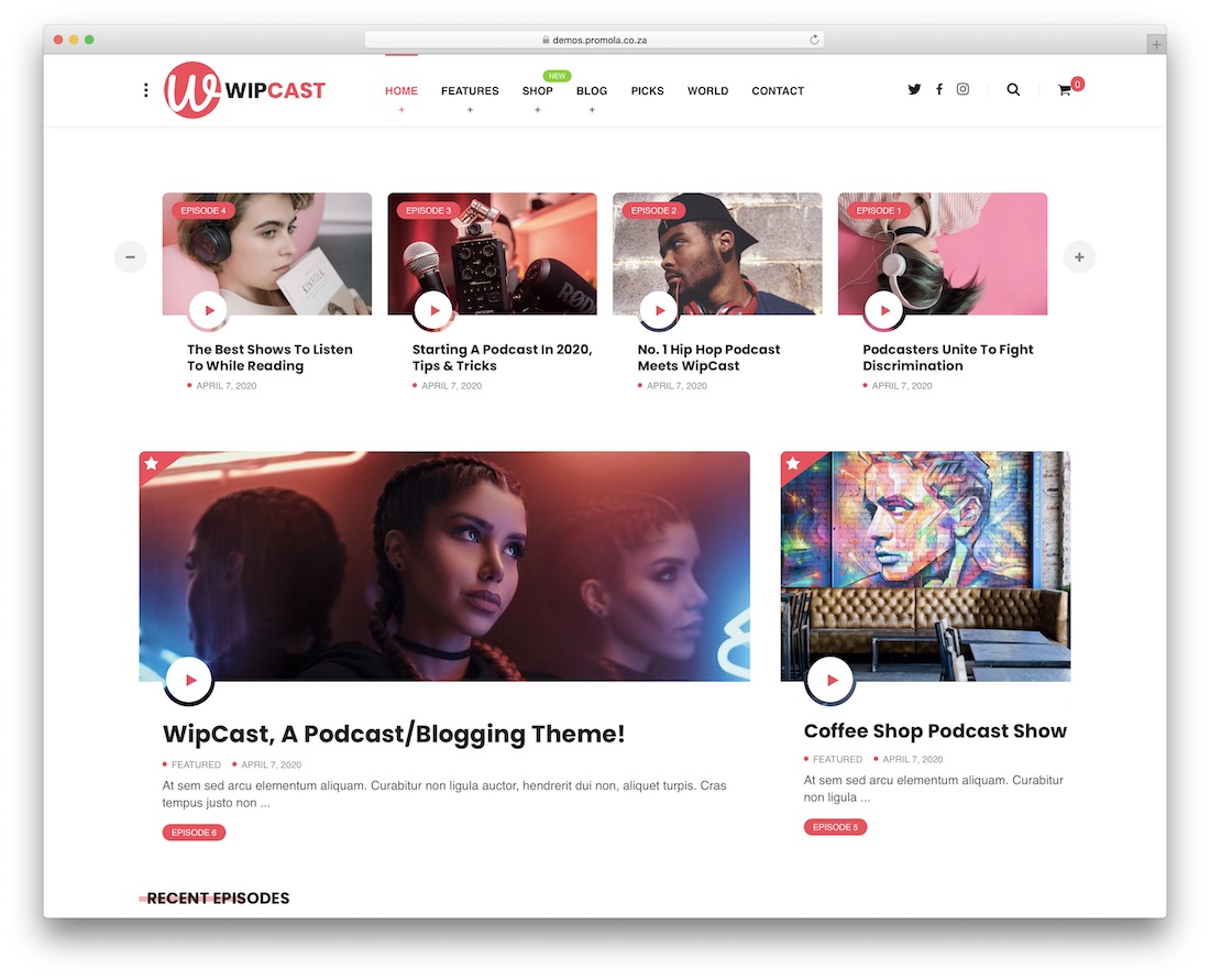 wipcast wordpress 팟캐스트 테마