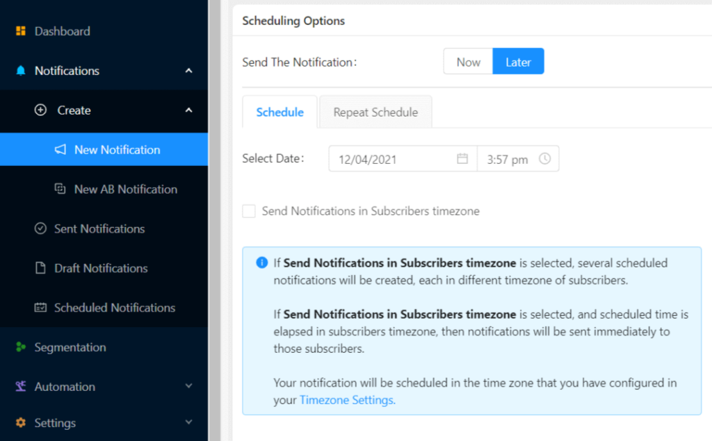 Planification des notifications dans PushEngage