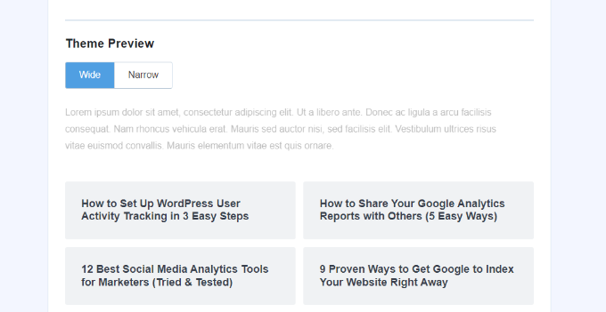 Anteprima del tema nei post popolari di MonsterInsights Theme preview in popular posts