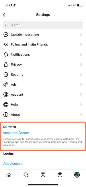 如何將 facebook 連接到 instagram：在設置中點擊帳戶中心