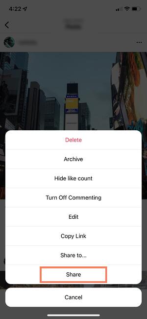 如何將 instagram 鏈接到其他社交帳戶：點擊帖子上的分享