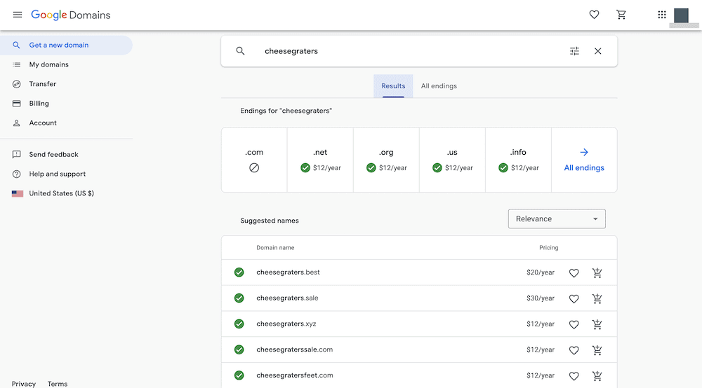 Google Domains 搜索列表。