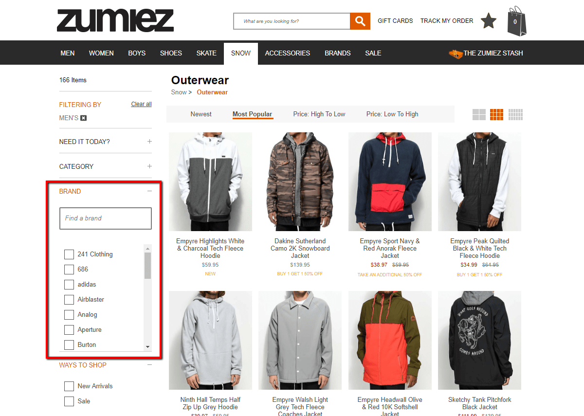 zumiez مع قوائم تصفية أقصر