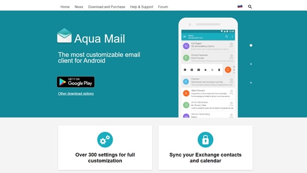 หน้าแรกของแอพ aqua mail