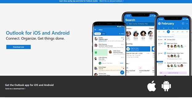 หน้าแรกของแอพ Microsoft Outlook