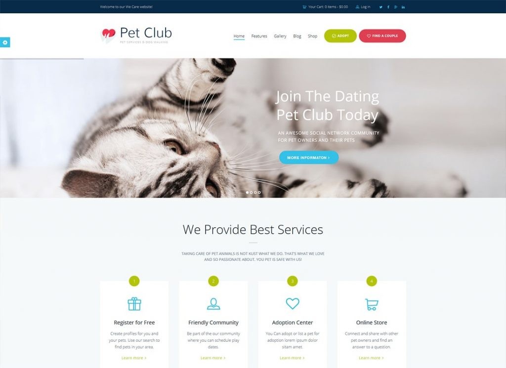 Clubul pentru animale de companie | Servicii, adopție, întâlniri și temă WordPress comunitară