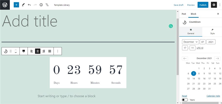 Blocco timer per il conto alla rovescia per Gutenberg Getwid