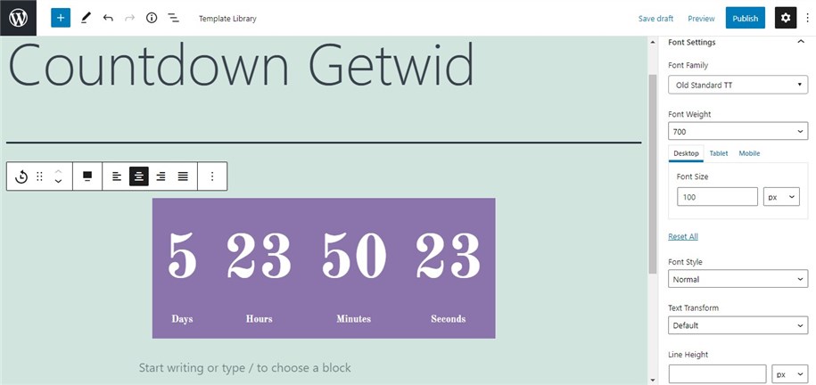 Colori e caratteri per il blocco timer del conto alla rovescia Gutenberg