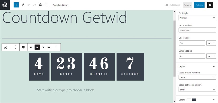 Countdown Gutenberg Getwid pacing e padding