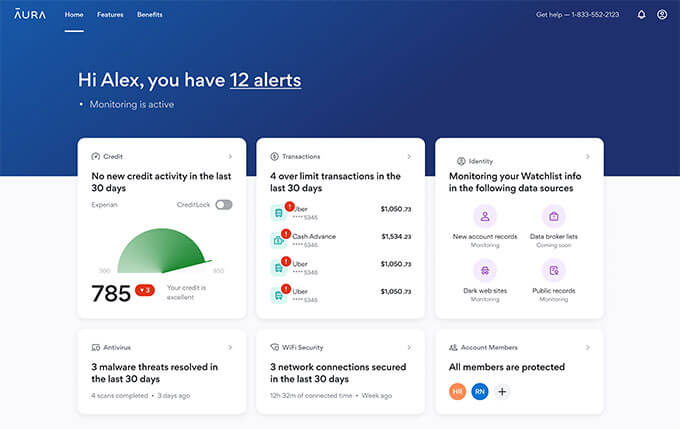 Aura 身份盗窃和信用监控 - 示例仪表板 Aura Identity Theft and Credit Monitoring - Sample Dashboard