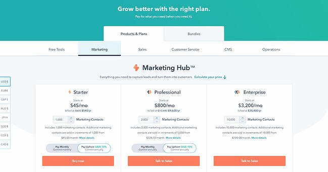 pagini cu cele mai bune prețuri: hubspot marketing hub