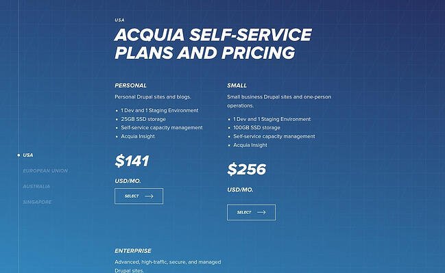 exemple de pagini de prețuri: acquia