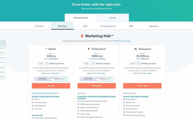 exemple de pagini de prețuri: hubspot