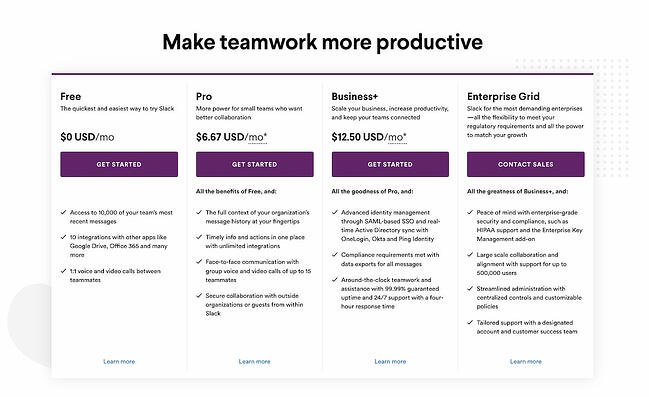 exemple de pagini de prețuri: slack