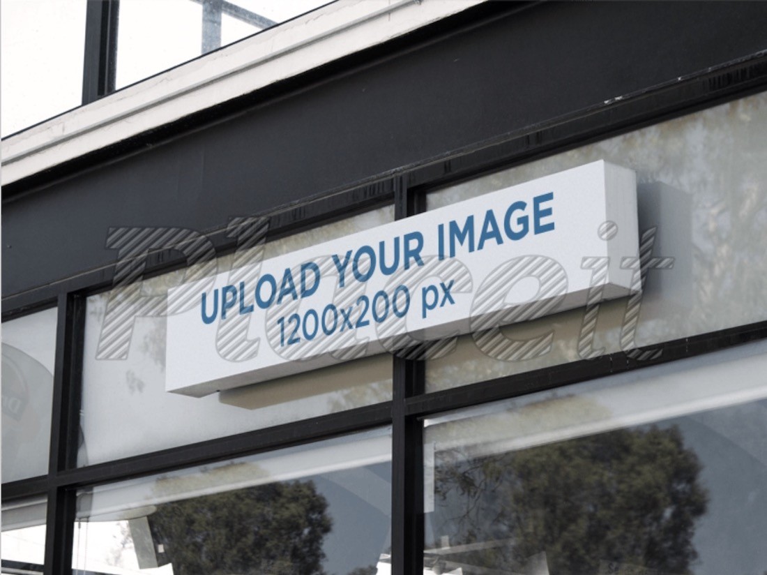 mockup tanda horizontal di luar jendela depan kantor