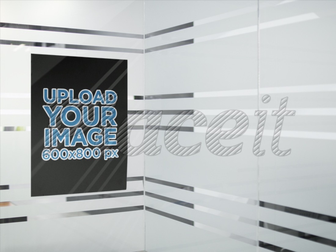 mockup poster di atas kaca kantor yang dihias