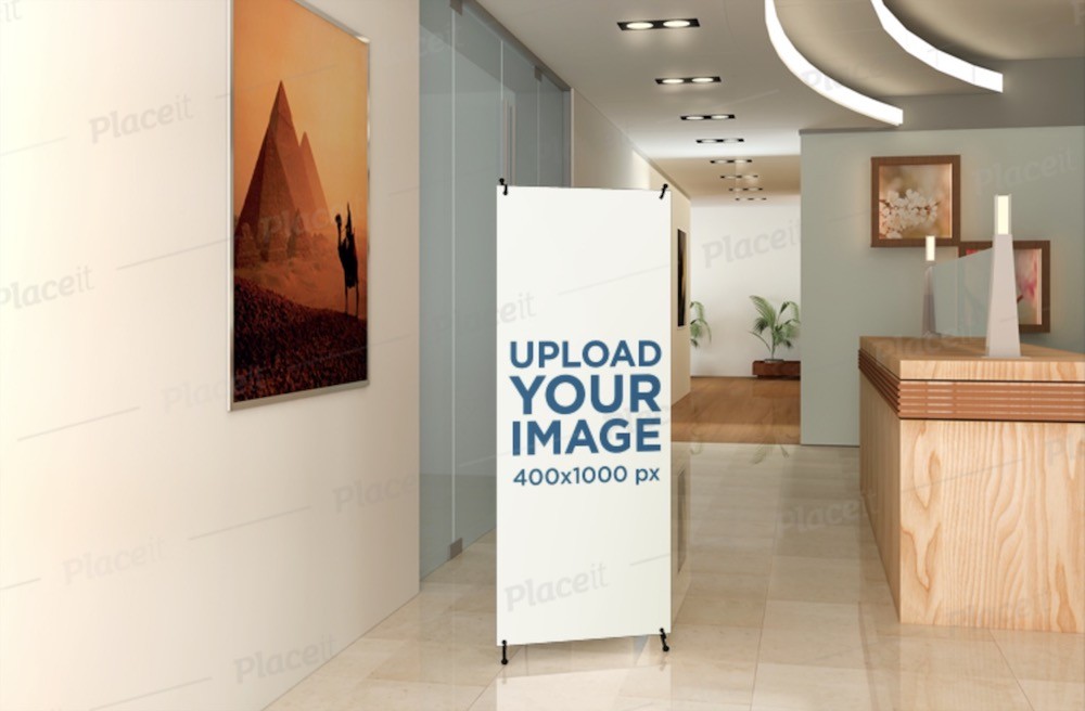 mockup spanduk x stand di lorong kompleks perkantoran